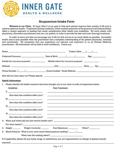 Acupuncture intake form cover
