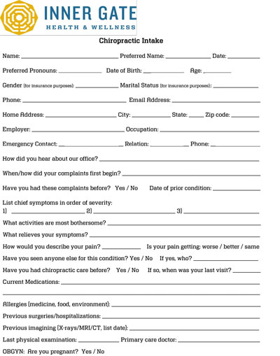 Chiropractic intake form cover